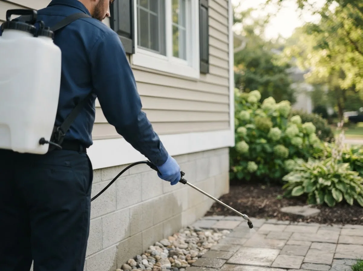 Pest control technician inspecting a home in Primrose, NE